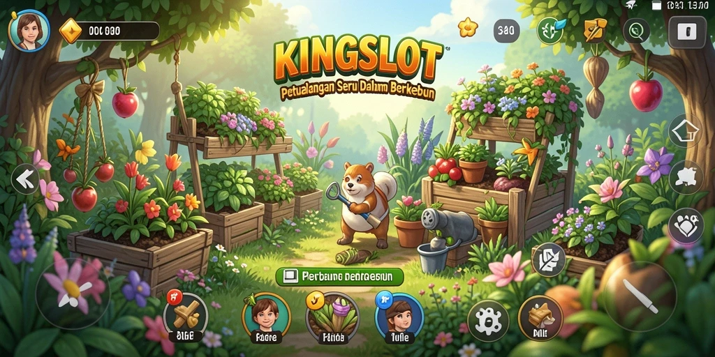 Tampilan screenshot KINGSLOT menampilkan ladang yang rimbun dan penuh warna.
